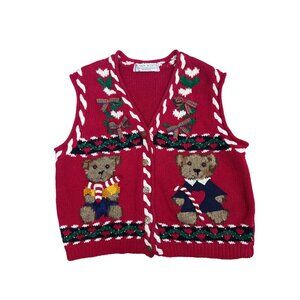Vintage Karen Scott Sweater Vest Petites L Christmas Teddy Bear 3D Candy Cane
